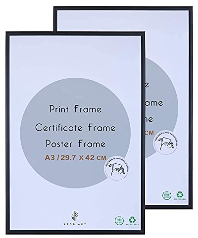 A3 Aluminum Photo Picture Frame -29.7x42CM Black Metal Certificate Frames | with Perspex Glass for Wall Display Horizontally or Vertically in Living Room Bedroom Gallery, Set of 2
