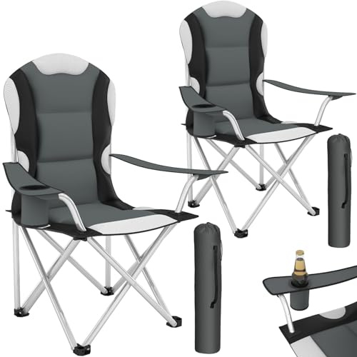 tectake® 2-pack hopfällbar campingstolar, 60 x 88 x 105 cm, vadderad | med dryckes & mobilhållare, vattenavvisande polyester, med bärväska, låg vikt, grå