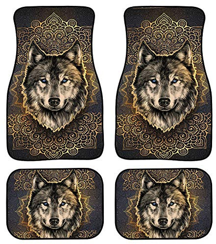 Lot de 4 tapis de sol de voiture en caoutchouc avec motif tête de loup - Pour toutes saisons - Universel - Avant et arrière - Pour SUV - Berline - Camion Van