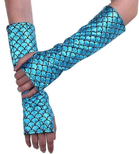 RUNHENG Schimmernde Meerjungfrau-Handschuhe für Damen, Fischschuppen, fingerlos, lang, Ellenbogenlänge, Halloween, Karneval, Maskerade, blau, 29cm
