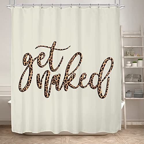 KOMLLEX Duschvorhang, Motiv: Get Naked, Leopardenmuster, Badezimmer-Dekor für Damen und Herren, lustige Zitate, moderner urbaner niedlicher Gepard, schlichtes Design, Badewannenzubehör, Kunst