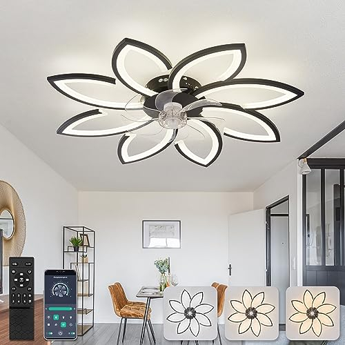 90 cm Lampadario Ventilatore da Soffitto Con Telecomando Led Dimmerabile Pale da Soffitto Design DC Plafoniera Fiore Led Reversibile 6 Velocità Lampadari a Ventola per Camera da Letto Cucina,Nero