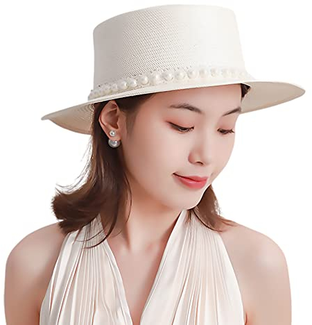 Womens Panama Straw Boater Hat with Pearls, Elegant Wide Brim UV Protection Sun Hat UPF50+ Skimmer Beach Hat,White,One Size