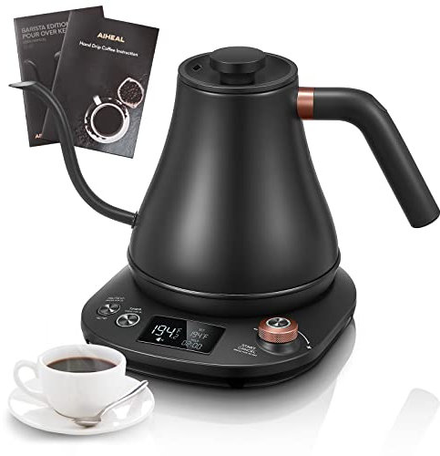 Electric Gooseneck Kettle with Temperature Control, Electric Kettle for Coffee and Tea, Inside 100% Stainless Steel, Fast Heating 1200W, 0.8L, Built-in Stopwatch