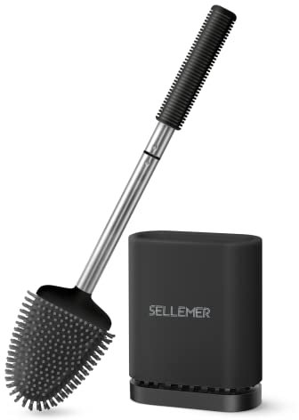Sellemer Toilet Brush and Holder Set for Bathroom, Flexible Toilet Bowl Brush Head with Silicone Bristles and Stainless Steel Handle, Compact Size for Storage, Ventilation Slots Base (Black)