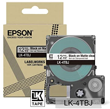 Epson Etikettenkassette, mattes Beschriftungsband LK-4TBJ schwarz auf transparent, langlebiges Band für Epson LabelWorks Etikettendrucker, wasser- & verschleißfest, 8 m x 12 mm