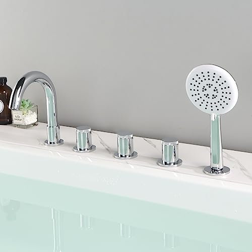 Huifeidezhu 5-Loch-Wannenarmatur mit Handbrause, verchromt, römischer Wannenarmatur mit Handbrause, 5-teiliger Badewannenarmatur mit Sprüher, Messing-Badewannenarmatur-Set, 3-Griff-Deckmontage,