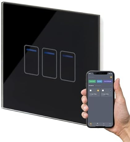 Retrotouch Crystal+ Touch WiFi Switch | 3 Gang Smart Light Switches | Multi Control | Remote Control | App Compatible With Alexa & Smart Life | Black Glass Finish | LED Indicator
