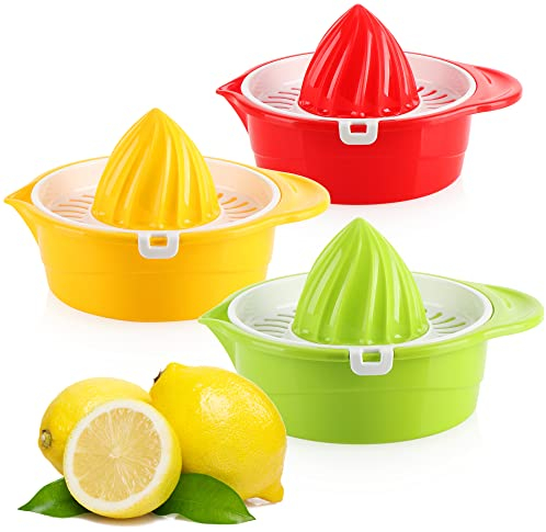 com-four® 3x Zitruspresse aus Kunststoff - Saftpresse für Zitronen und andere Früchte - Hand-Entsafter für die Küche mit abnehmbarem Sieb [Farbauswahl variiert] (03 Stück - Zitruspresse bunt)