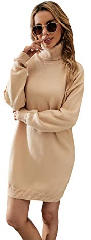 HEYPORK Damen Herbst Winter Warm Bequem Pullover Casual Mode Strickjacke Strickpullover Frauen Solide Farbe Hohen Kragen Lange Schlanke Pullover Kleid Mittellange Pullover(Khaki, XL)