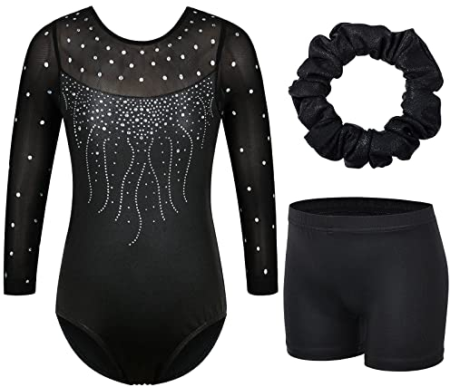 ZNYUNE Mädchen Gymnastikanzug 3er Set Kinder Glänzende Turnanzug mit Strasssteine B272 Black 12A