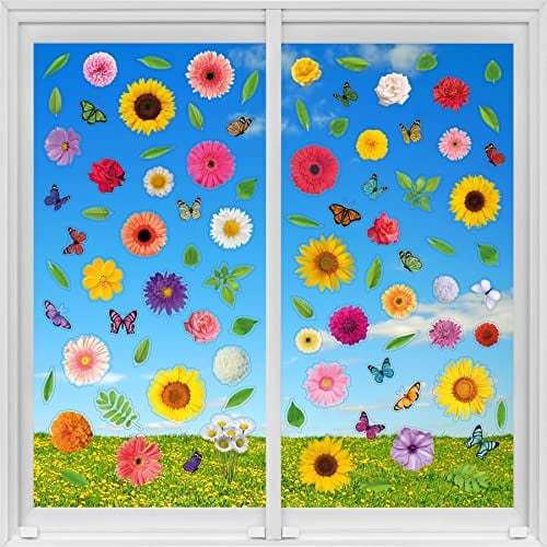 WALPLUS 90‑Piece Reusable Double‑Sided Floral & Butterfly Window Decals – Spring/Summer Bouquet Static‑Cling Window Stickers for Glass