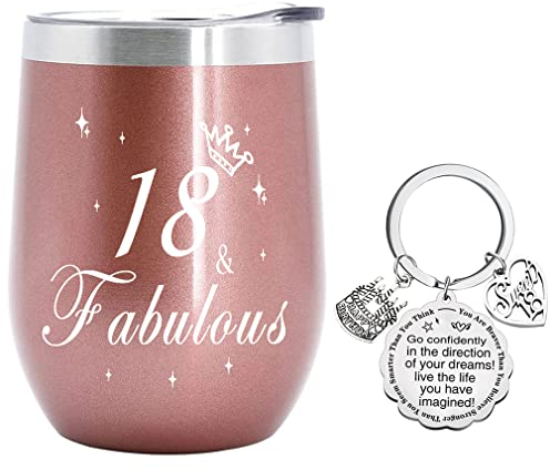Kaffeebecher mit Gravur, 18. Geburtstag Geschenk für Mädchen, 18&Fabulous Thermobecher, Inspirierend Geschenk für Tochter, Nichte, Enkelin, Freundin, 350ml Roségold Kaffeetasse mit Schlüsselanhänger