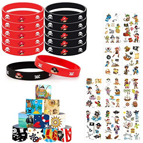 LETTERASHQP Piraten Party Mitgebsel, 34 Stück Piraten Kindergeburtstag Mitgebsel mit Piraten Silikonarmband Kinder Piraten Schnapparmband Piraten Tattoos für Kindergeburtstag Gastgeschenk Piraten Deko