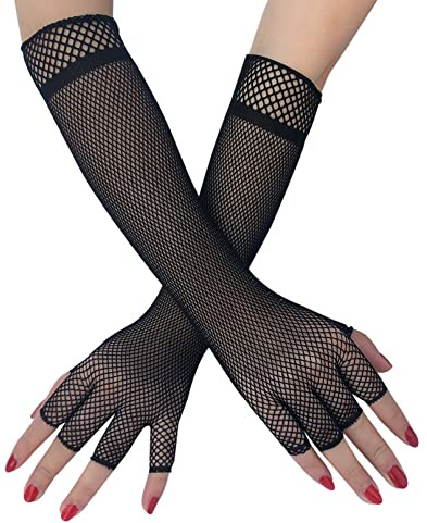 80er Jahre Fischnetz-Handschuhe für Frauen, halbe Finger dehnbar Mesh Handschuhe, Ellenbogen Länge Halloween Cosplay Performance Handschuhe