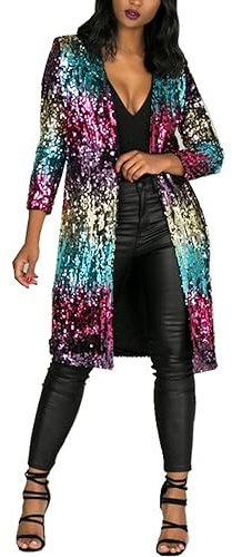 Sexyshine Damen glitzernde mehrfarbige Pailletten vorne offen lange Strickjacke Langarm Slim Fit Blazer Mantel Glitzer Cover Ups