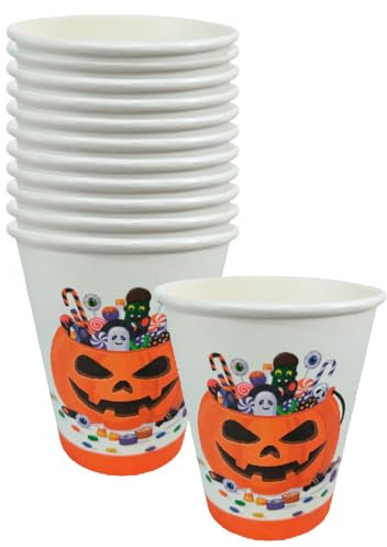 Tradineur - Packs de 48 vasos de Halloween con diseño de calabaza - Fabricado en Papel - Ideal para fiestas de Halloween - 270 ml - Ø 7,5 x 9 cm