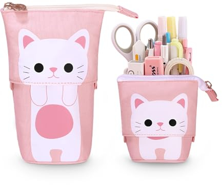 Xespis Federmäppchen Reißverschluss, Teleskopisch Mäppchen, 2-in-1 Standmäppchen, Federtasche Mädchen, Schüttelpenal Teenager, Schulmäppchen, für Mädchen Geschenke 7 8 9 10 11 12 Jahre(Weiße Katze)