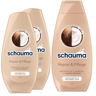 Schauma Shampoo Repair & Pflege (1x 400 ml) Haarshampoo sorgt für Geschmeidigkeit Reparatur-Shampoo für strapaziertes & trockenes Haar & Spülung (2x 250 ml) Haarspülung mit Kokos-Extrakt