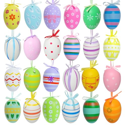 Haakong 24 uova di Pasqua da appendere colorate, uova di Pasqua ornamenti da appendere decorazioni pasquali decorazioni per albero di Pasqua decorazioni per albero di Pasqua cestino decorazione