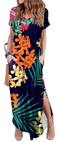 Arolina Robe longue d'été décontractée à manches courtes et col en V pour femme avec poches, Fleur orange rosé, Taille L