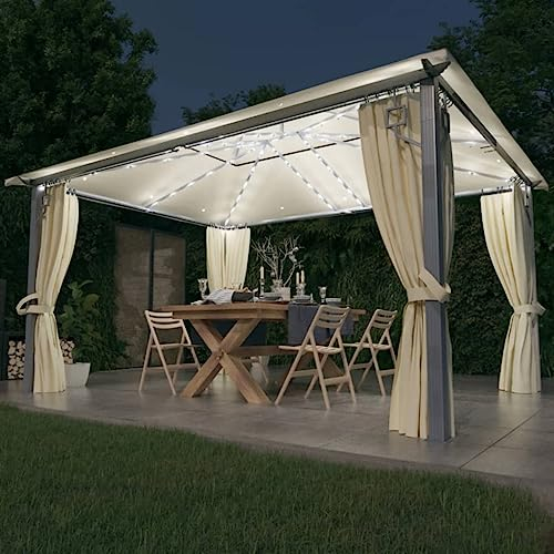 Pavillon mit Vorhang & LED-Lichterkette 4x3m Creme Aluminium