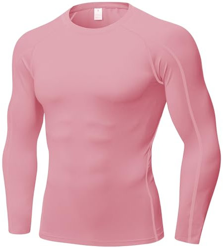 T-shirt de compression à manches longues pour homme - T-shirt d'entraînement athlétique - Haut de sport actif - Maillot de corps - Coupe sèche, Col ras-du-cou pétale rose, XX-Large