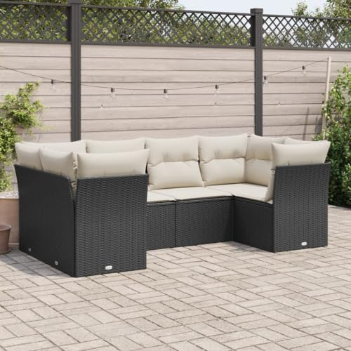 ULUYYUC 6-TLG. Garten-Sofagarnitur, Polsterbank Eckbank Küche Eckbankgruppe Hocker Geeignet für Garten Außenbereich Hinterhof Balkon mit Kissen Schwarz Poly Rattan