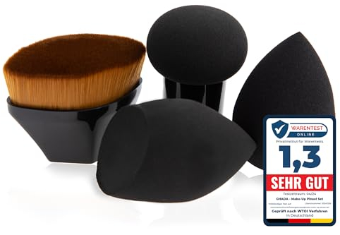 GHADA Make‑up Pinsel & Schwamm Set – Schwarz | Foundation‑Pinsel + 3 latexfreie Blender | vegane, ultradichte Borsten | für Foundation, Concealer, BB/CC, Contouring – makelloses, streifenfreies Finish