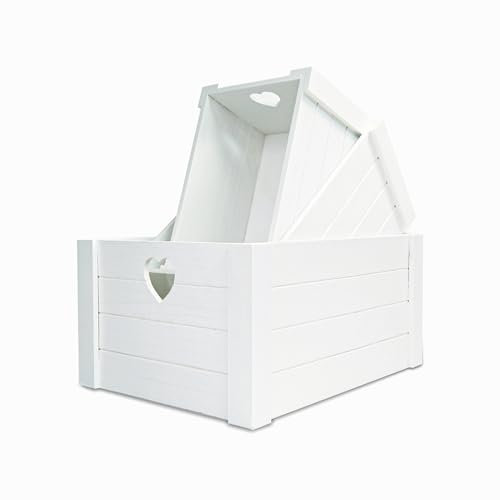 Wickerfield Lovely Wooden Crates With Heart Handles Storage Box Wooden Tray Wooden Shelves (White, Set(L+M+S))