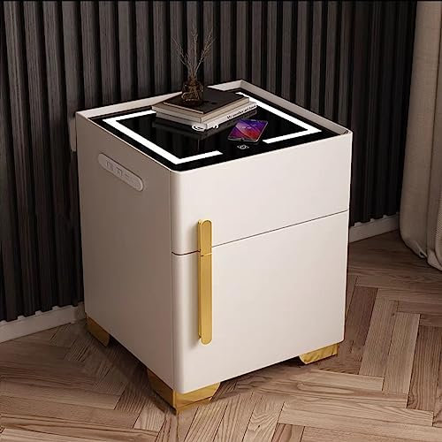 Wireless Charging Smart Bedside Table with Safe and 3 Color LED Lights - Multifunction Nightstand with USB Port, End Table for Bedroom, Dorm and Living Room (Beige)
