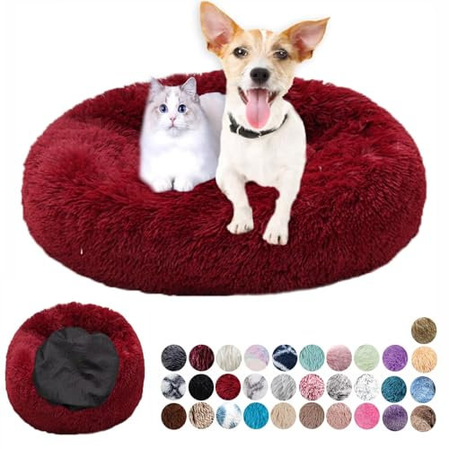 Hundebett Rund Plüsch Hundekissen Weich Warm Hundebetten Anti-Angst, Hundehütte Flauschig Kissen Hundebett Waschbar für Kleine, Mittelgroße, Große Hunde Rot 40cm