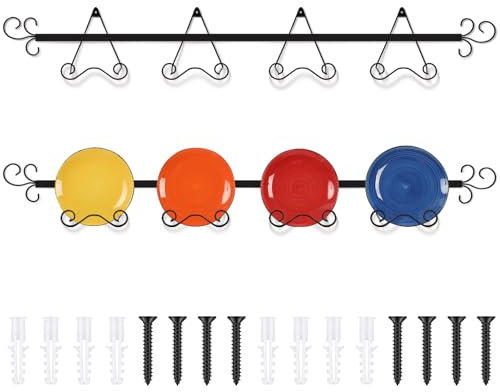 CroBlissful 2 Pcs Horizontal Plate Rack Metal Decorative Plate Hangers for the Wall Black Wall Plate Holder with 4 Non Adjustable Brackets for Collectible Plates Dishes Plaques Display