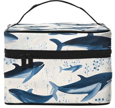 Make-up-Tasche mit großem Fassungsvermögen, Reise-Kosmetiktasche, blauer Aquarell-Wal, Make-up-Tasche, tragbarer Schminkkoffer, Kulturbeutel mit Griff, Make-up-Organizer, Schwarz , Einheitsgröße