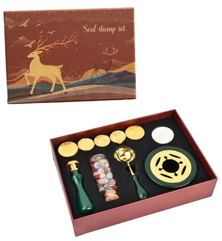 Wachs Siegel Stempel Kit, Siegelwachs Perlen Set, Wachsstempel Set mit 6 Stempelköpfe, Wachssiegel Stempel Vintage, 1 Holzgriff-Siegel + 1 Löffel + 1 weißes Wachs braun für Einladungen, Karten