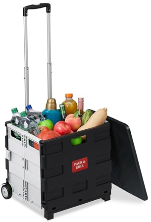 Relaxdays Einkaufstrolley, klappbar, Einkaufskorb mit Rollen, Deckel & Teleskopgriff, bis 35 kg, Rollkiste, schwarz/weiß