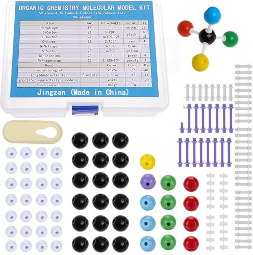 Jingzan 136-teiliger Modellbausatz für organische Chemie, Chemie-Molekülmodellbausatz für Schüler oder Lehrer – 59 Atome und 76 Bindungen und 1 Werkzeug zum Entfernen kurzer Verbindungen