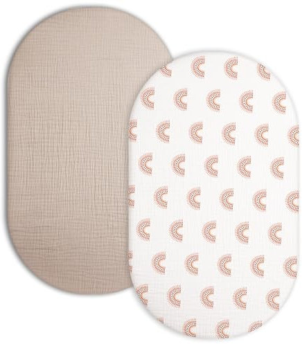 Stubenwagen-Bettlaken für Baby Jungen und Mädchen, 2er-Pack, Spannbettlaken für rechteckige, ovale Sanduhr-Stubenwagen-Matratze, Musselin-Moseskörbchen-Bettlaken mit neutralem Stil (Beige und