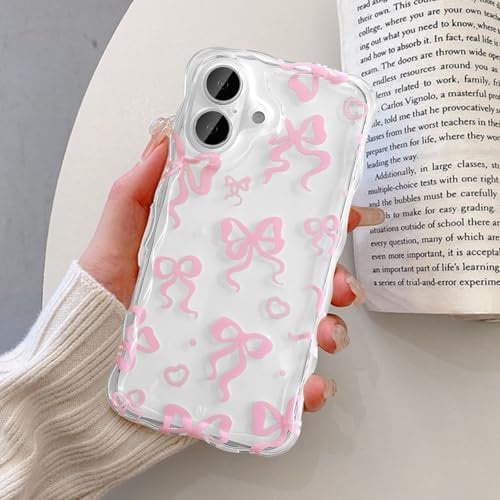 UEEBAI Bow Case for iPhone 16 6.1, Wavy Cute Ribbon Pretty Aesthetic Case Curly Stylish Soft Wave Clear Phone Case Shockproof Protective Pretty Cover for Women Girl - Pink