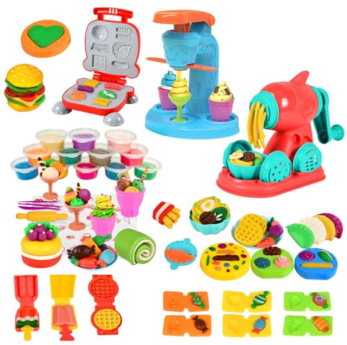 YATOSEEN 3 in 1 Play Color Dough Set, Ice Cream Noodle Hamburger Maker Machine, Kitchen Creations Food Toys, Dough Tools Kit with 12 Colors Dough for Kids Ages 3+