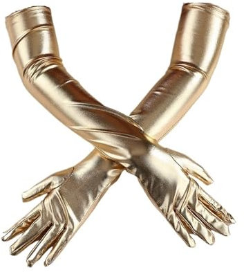 JCUIyon Sexy Long Faux Leather Shiny Latex Gloves Sexy Jazz Outfit Mittens Culb Wear Cosplay Costumes Accessory(Gold)