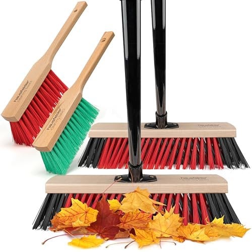 Hausfelder Straßenbesen 40 cm breit mit Stiel mit Handfeger Set, Gartenbesen, Kehrbesen stabil mit abgewinkeltem Stiel (Rot Schwarz, 2 x Straßenbesen + 2 x Handfeger)