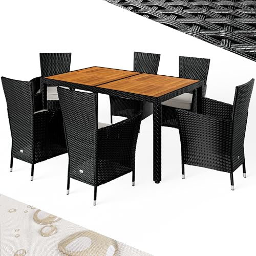 Esstisch-Set für den Außenbereich, 6-Sitzer, Rattan-Tisch und Stühle, quadratisch, 150 x 90 cm, Tisch, Balkon, Terrasse, Möbel, schwarzes Korbgeflecht mit Akazienholzrahmen