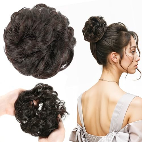 Messy Bun Postiche de cheveux humains bouclés avec élastique Marron foncé Pour femme et fille
