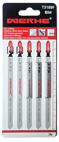 WERHE® Stichsägeblatt T318BF 5 Stück für Metall Schnitte – für präzises Schneiden von mittlere und dicke Blechen (2.5-6mm) – Metallsägeblatt für Stichsäge mit T Schaft Aufnahme – Zubehör Stichsäge