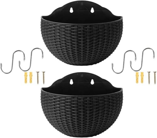 2 Pack Wall Hanging Flower Pot, Garden Hanging Baskets Outdoor, Imitation Rattan Wall Mounted Pot, Semicircle Black Planter , Fence Watering Garden Pots For Balcony Fence Indoor Home Decoration