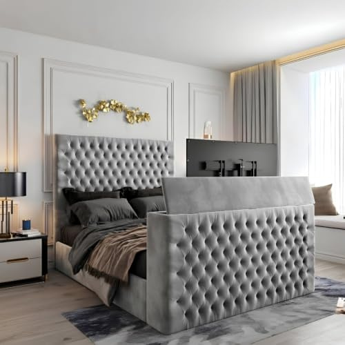 Urban Craft Plush Velvet Upholstered TV Bed with Remote-Controlled Lift Mechanism Luxury Panel Style and Functionality in 3 Sizes & 6 Colours, TVs Up to 50 inch (Plush Silver, King)