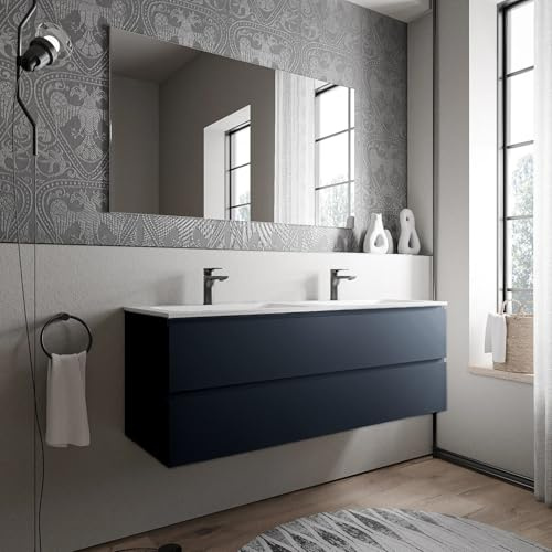 BERNSTEIN - Meuble double vasque suspendu salle de bain MDF Bleu foncé mat, 2 lavabos fonte minérale Blanc mat, avec trous robinets - 140x46x50cm - AVA CREAM