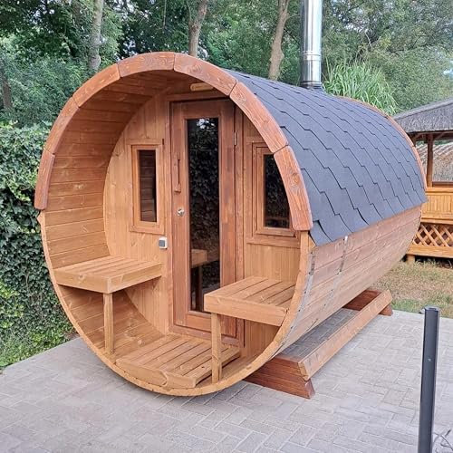 KeiCo Wellness 6‑Person Outdoor Nordic Barrel Steam Sauna 280 cm – 42 mm Nordic Spruce with Porch, Aspen Benches & Electric/Wood‑Fired Heater Options (Thermo Spruce)