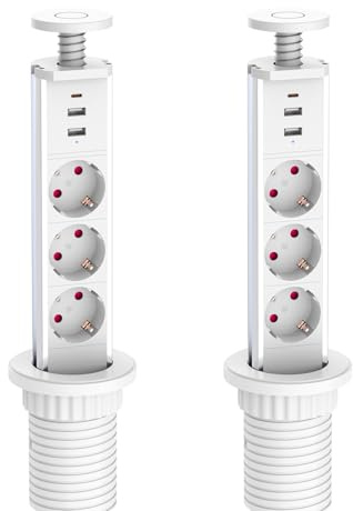 LEUTED 2 enchufes retráctiles con USB C y 2 USB A, 3 enchufes de mesa retráctiles con seguridad para niños y cable de 1,8 m, enchufe empotrable para cocina, oficina, 4000 W/16 A, diámetro de 60 mm